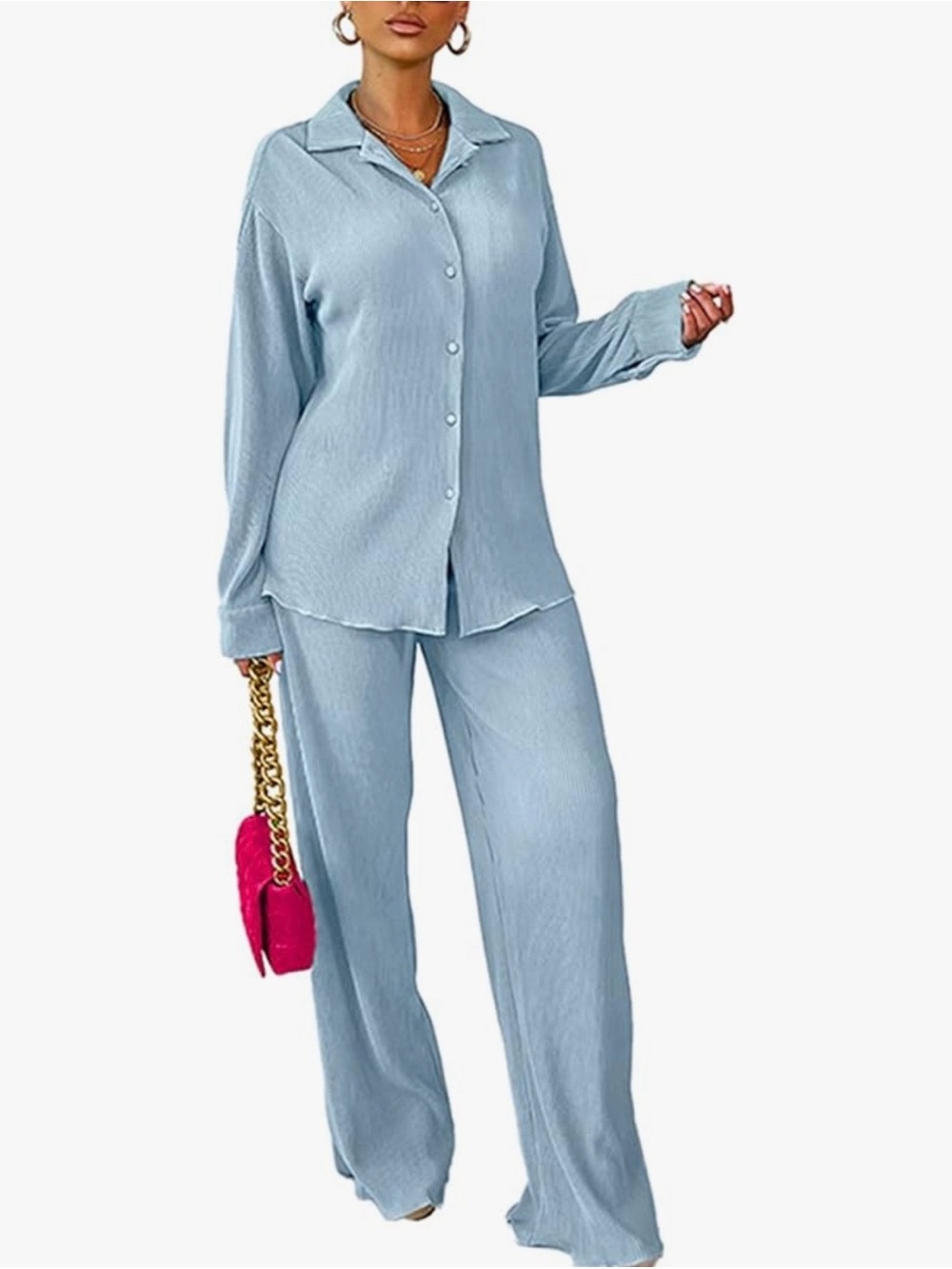 Light Blue Button-Up Lounge Set - Relaxed Fit Two-Piece